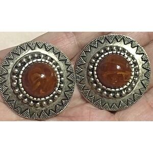 RJ Graziano Round ClipOn Earrings Amber Cabochon Silver Tone Signed Vintage